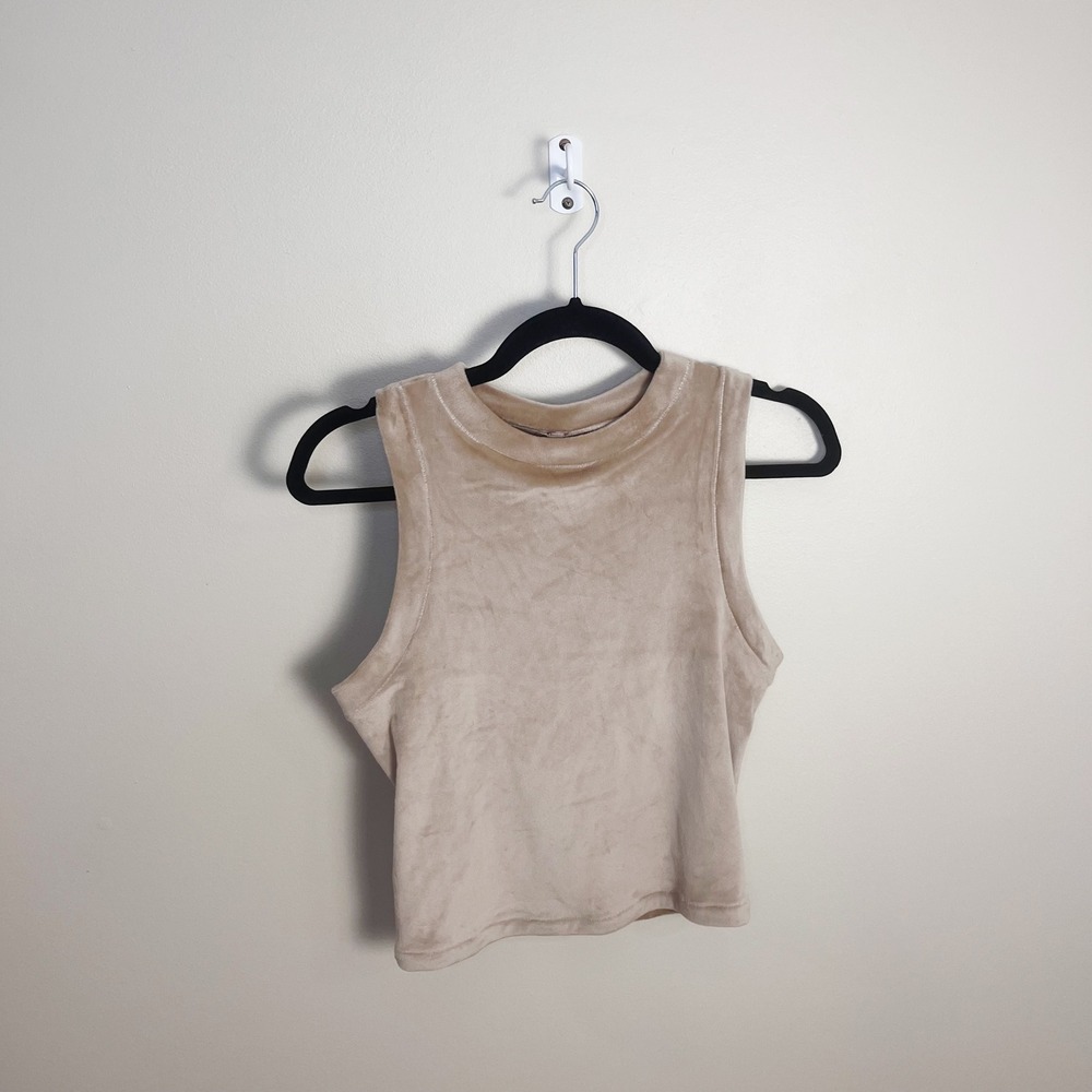 SKIMS Tank Top Women L Beige Velour Crop High Neck Sleeveless Stretch Top - Picture 2 of 7